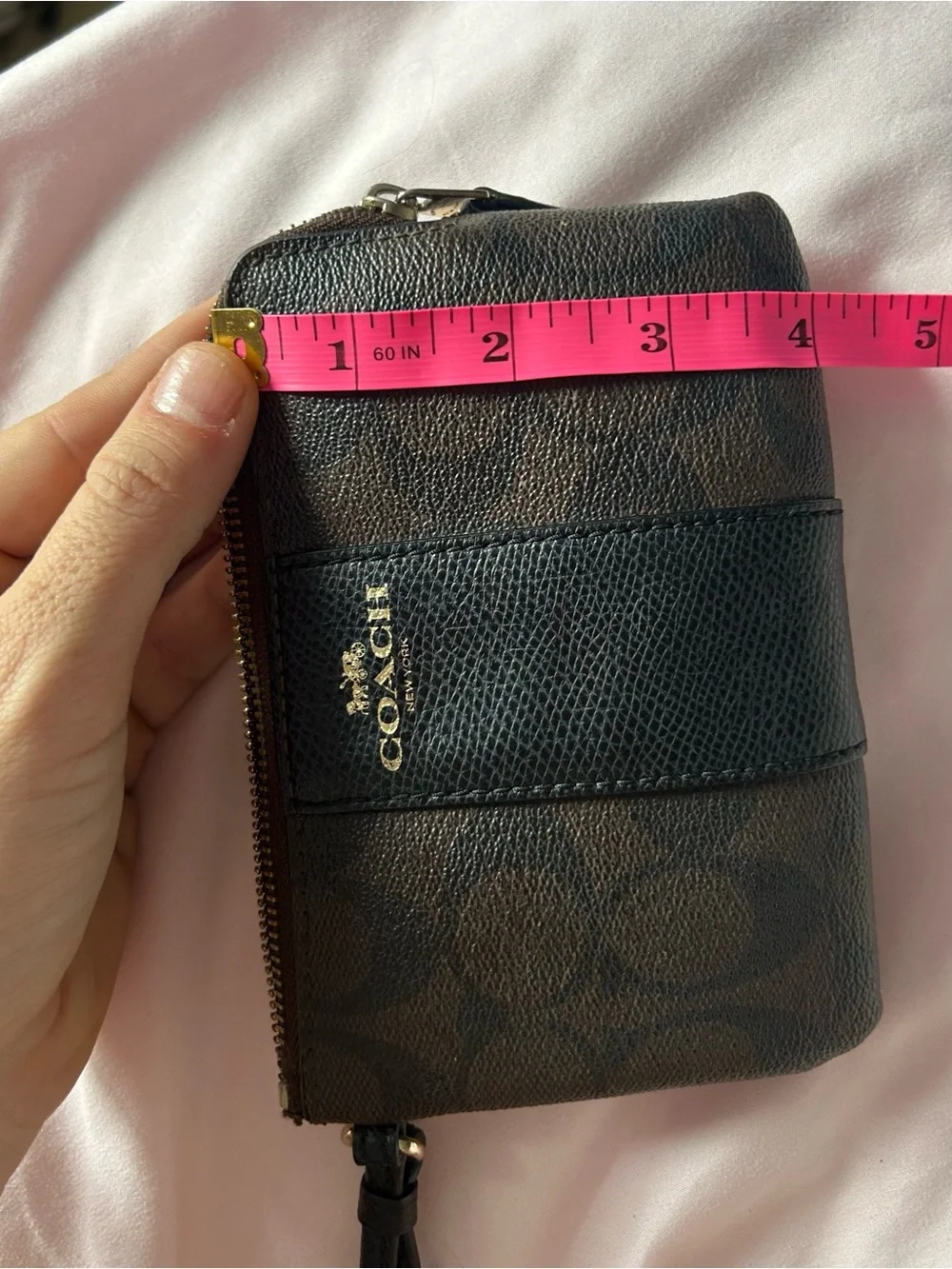Coach F54429 Signature Canvas Leather Corner Zip Wristlet Brown Black